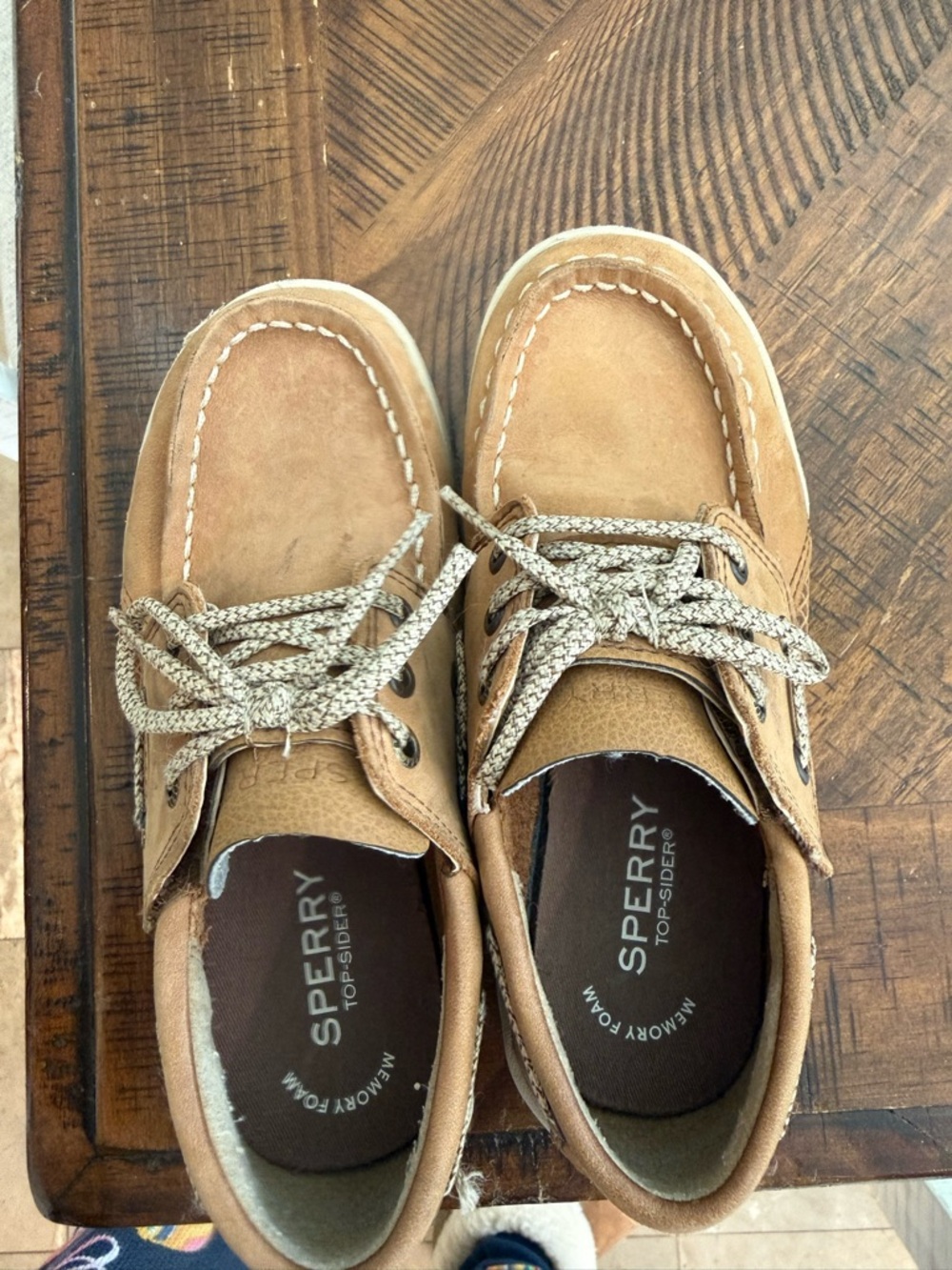 Sperry Kids Tan Leather Moccasin Boat Shoes with Patterned Laces